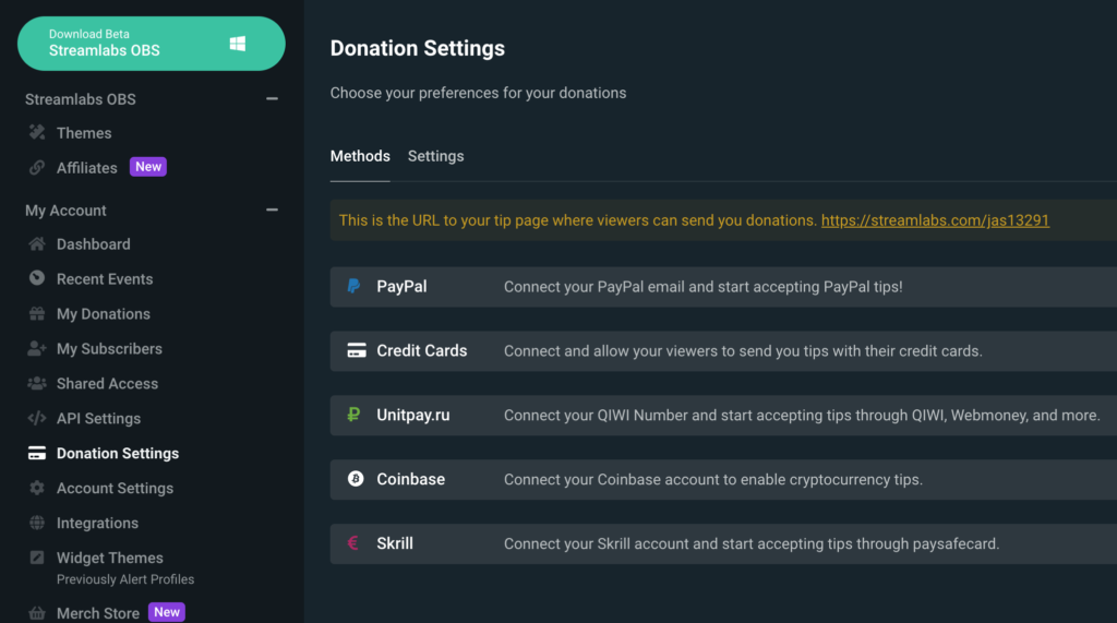set up donations on streamlabs